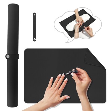 Nail Art Table Mat,Foldable Nail Arm Rest Pad for Nails,Soft Microfiber PU Leather Nail Mat for Table,Waterproof Manicure Pad,Nail Table Pad for Nail Technician Salon Home-Black