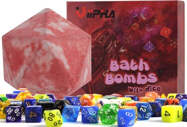 Huge D20 Bath Bombs with Full Surprise Set of Polyhedral Dice Inside, D&amp;D Inspired Dragon Blood Bath Bomb 11oz with Gift Box - Perfect for Dungeon Master, Player and Tabletop RPG Nerd