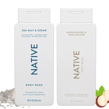 Body Wash, 2 Pack - Sandelwood and Shea Butter &amp; Sea Salt and Cedar 18oz Clean Body Cleanser, Sulfate-Free, Paraben-Free Formula for All Skin Types