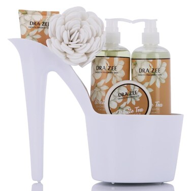 Valentine's Day Gifts for Women - White Tea Scented Bath and Body Set of 6-Piece Heel Shoe Spa Basket with Body Lotion, Butter, Shower Gel, Bubble Bath, Puff- Gift for Her, Mom, Girlfriend by Draizee