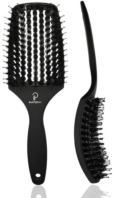 Curved Vented for Blow Drying - Boar Bristle Brush (Large) with Comfortable Handle - Soft Bristle Brush for Thick and Fine Hair - Natural Boar Bristles for Women, Men &amp; Kids - Black