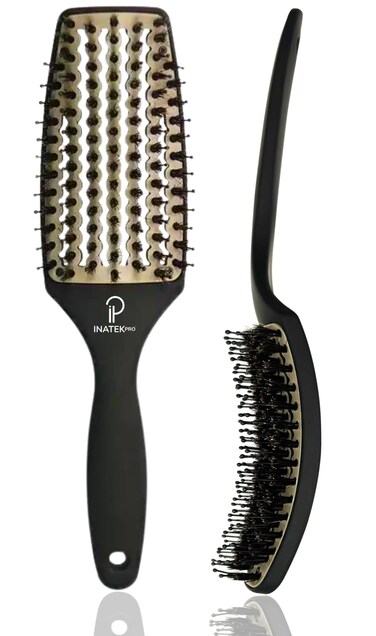 Curved Vented for Blow Drying - Boar Bristle Brush (Medium) with Comfortable Handle - Soft Bristle Brush for Thick and Fine Hair - Natural Boar Bristles for Women, Men &amp; Kids - Grey