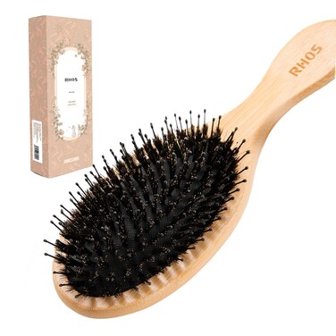 RHOS Boar Bristles Hair Brush for Women and Men, Anti-Static Wooden Paddle Brush for Detangling, Smoothing, Scalp Massage, Enhance Shine &amp; Health