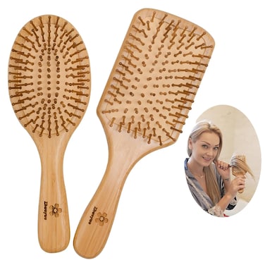 Zhuoyue Wooden Bamboo Hair Brush - Paddle Hair Brush Set with Bamboo Bristle Reduce Frizzy &amp; Massage Scalp 2 pcs