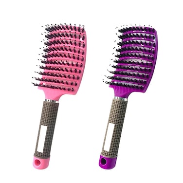2PCS Curved Vented Hair Brush Boar Bristle Hair Brushes Paddle Detangling Brush Professional Styling Hairbrushes Detangler for Women/Men/Kids Wet Dry Thick Curly Straight Hair (Pink+Purple)