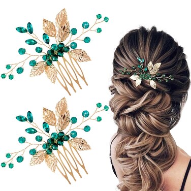 2Pcs Bridal Hair Combs, Green Crystal Emerald Turquoise Hair Pins, Gold Leaves Wedding Hairpiece Clips Accessories for Women Girls Party Bride Prom Engagement
