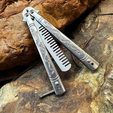Stainless Steel Metal Hair &amp; Beard Comb, Multifunctional Folding EDC Pocket Comb Sliver Dragon Handle