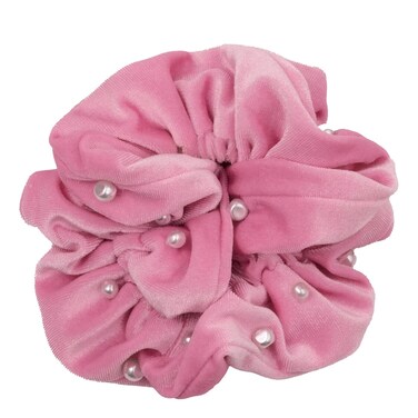 Lilly Pulitzer Large Scrunchie, Ruffle Velvet Twill Scrunchie with Pearls, Cute Hair Ties for Women and Girls, Conch Shell Pink