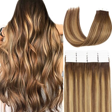 Loxxy Tape in Hair Extensions Human Hair Invisible Brazilian Natural Thick Remy Hair Ombre Chocalate Brown Fading into Chocolate Brown With Strawberry Blonde Highlight R#4-4/27 20pcs 50g/pack 14Inch