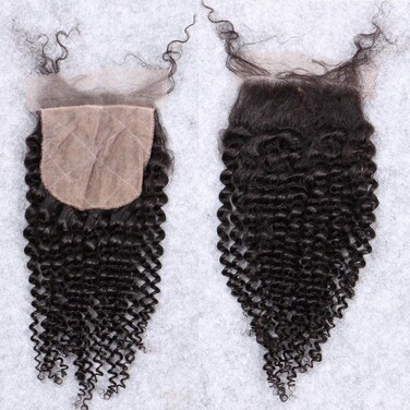 Afro Kinky Curly Silk Closure 4"x4" Silk Base Lace Human Hair Top Full Closure Piece Hidden Knots Free Part Brazilian Remy Hair 16"inch Natural Black