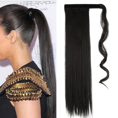 One Piece Ponytail Hair Extensions Clip in Wrap Around on Pony Tail 125G Thick Real Natural Synthetic Fibre Ponytail Hairstyle Hairpiece for Women Straight 26 inch natural black