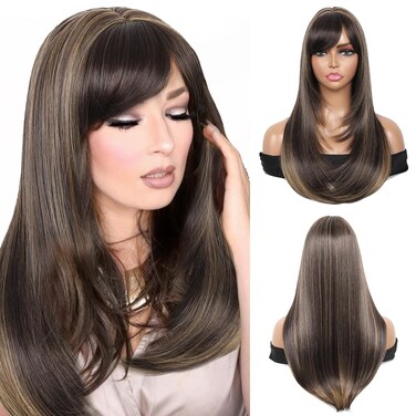 Kalyss Brown with Highlights Yaki Synthetic Women's Wig With Hair Bangs Centre Parting Long Straight Layered Heat Resistant Human Hair Blended Hair Wig for Women (brown with highlights color)