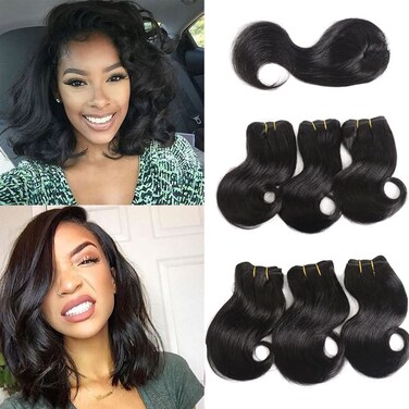 VIOLET Hair Beauty Short Brazilian Virgin Hair Body Wave 6Pcs Bundles With Closure 8inch Bob Weave Human Hair With Closure Short Hair Extensions Natural Black (8 Inch (Pack of 6), 1B)