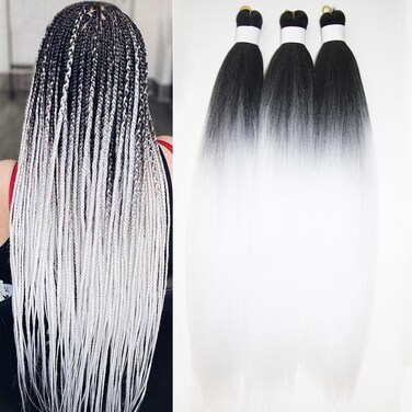 Black to White Ombre Braiding Hair Pre Stretched Colored Hair Extensions for Braids Ombre White Braiding Hair Pre Stretched (1bwhite)