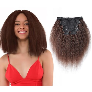 Clip in Dark Brown Yaki Straight Human Hair Extensions 12 Inches 70g Net Human Hair Extensions Double Weft Brazilian Unprocessed Virgin Hair 7 Peices/set 16 Clips for Girls Beauty (70g 12", Brown)