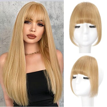 Bangs Hair Clip in Bangs 100% Real Human Hair Extensions Fake French Bangs Fringe with Temples Curtain Flat Neat Front Thick Hairpieces for Women Kids Daily Wear Ash Blonde