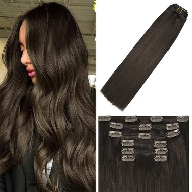 WindTouch Clip in Hair Extensions Real Human Hair Brown Hair Extensions 12Inch 70g 7PCS Hair Extension Real Human Hair Clip Ins #2 Dark Brown Hair Extensions for Women