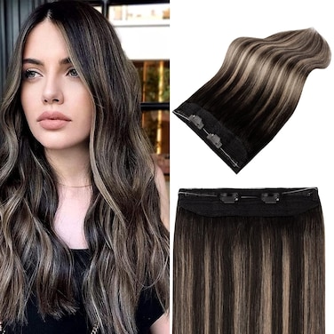 Wire Hair Extensions,14inch Wire Hair Extensions Human Hair 70g, Ombre Natural Black to Chestnut Brown Hidden Hair Extensions Human Hair 100% Human Hair Extensions Flip Hair Extensions