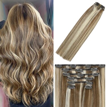 WindTouch Clip in Hair Extensions Human Hair Balayage Medium Light Brown to Blonde 15Inch 70g Hair Extensions for Blonde Remy Hair Straight 7PCS #6p613 Gift for Women