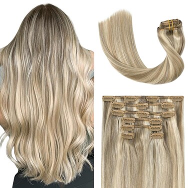 Blonde Clip in Hair Extensions Real Human Hair - 15 inch 70g Ash Blonde Mixed Bleach Blonde Straight 7pcs Double Weft - 100% Remy Human Hair Extensions #18p613 15inches
