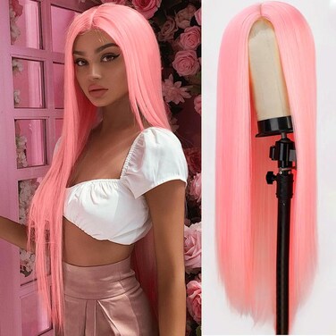 Xinran Pink Long Straight Wig Light Pink Middle Part Synthetic Hair Wig Natural Hairline Replacement Daily Use Cosplay (Pink)