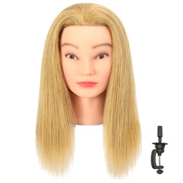 FUTAI Blonde 100% Human Hair Mannequin Head with Table Clamp Stand for Hairdresser Practice Braiding Styling Manikin Cosmetology Doll Training Head Bleaching Dyeing Curling Cutting Updos Display