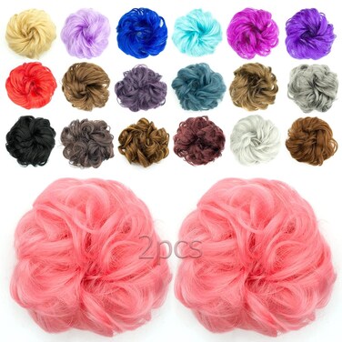 2pcs Messy Bun Hair Piece Scrunchie Hair Bun Hair Pieces for Women Girls Elastic Rubber Band Curly Wavy Synthetic Hair Bun Scrunchies Ponytail Extensions (Pink)