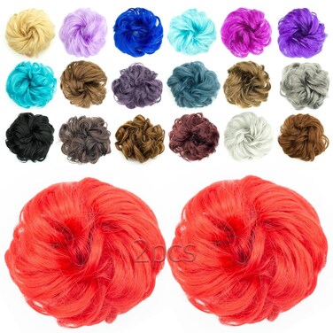2pcs Messy Bun Hair Piece Scrunchie Hair Bun Hair Pieces for Women Girls Elastic Rubber Band Curly Wavy Synthetic Hair Bun Scrunchies Ponytail Extensions (Red)