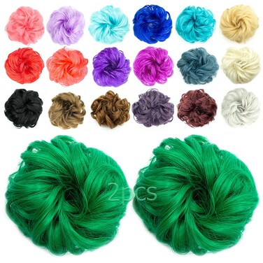 2pcs Messy Bun Hair Piece Scrunchie Hair Bun Hair Pieces for Women Girls Elastic Rubber Band Curly Wavy Synthetic Hair Bun Scrunchies Ponytail Extensions (Green)