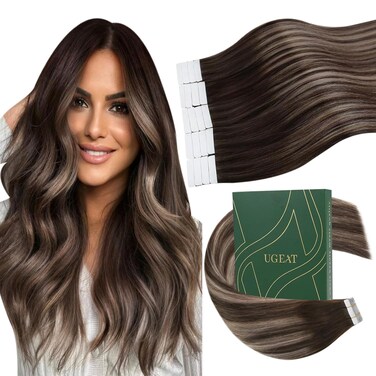 Ugeat Brown Highlights Tape in Hair Extensions Human Hair Remy Seamless Hair Extensions Real Human Hair Balayage Dark Brown Mix Ash Brown Ombre Invisible Hair Tape in Extensions 16 inch 20Pcs 50G