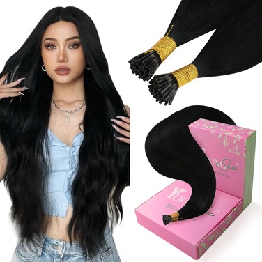 YoungSee I Tip Hair Extensions Black Human Hair I Tip Extensions Jet Black 24Inch 50g I Tips Hair Extensions Real Human Hair Black Women Long Hair Extensions Tip Hair Extensions Professional 50s