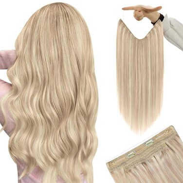 YoungSee Wire Hair Extensions Real Human Hair Highlight Fish Line Hair Extensions Blonde Highlights Bleach Blonde with Strawberry Highlights Thickness for Women 80G 16In