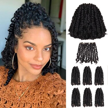 10 Inches 7 Packs Pre Looped Pretwisted Passion Twist Crochet Hair for Black Women and Kids-Natural Black,Soft Hair Extensions Braided by Synthetic Spring Kinky Twist Bohemian Curl(10"-7 Packs,1B)