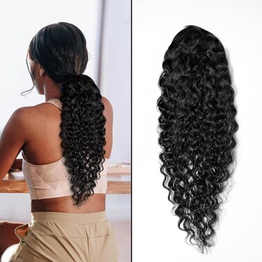 100% Human Hair Curly Drawstring Ponytail extension Water Wave, 18 inch1B Natural Black Color, Afro Ponytail Brazilian Kinky Real Hair Ponytail Extensions For Black Women