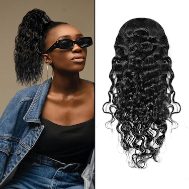 100% Human Hair Curly Drawstring Ponytail extension Water Wave, 12 inch 1B Natural Black Color, Afro Ponytail Brazilian Kinky Real Hair Ponytail Extensions For Black Women