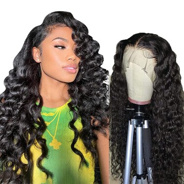 22 Inch 13x4 Loose Deep Wave Lace Front Wigs Human Hair Brazilian Virgin Human Hair Wigs for Black Women Natural Hairline 180 Density Transparent Lace Frontal Human Hair Wig