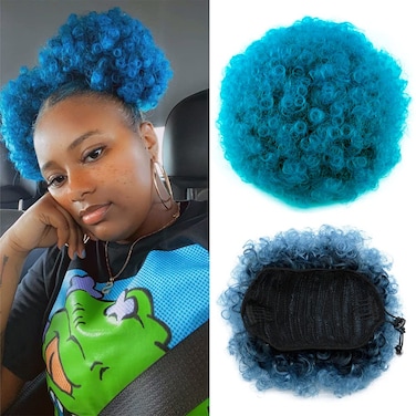 Yinmei Baibian Ombre Blue Afro Puff Drawstring Ponytail Short Ponytail High Puff Bun Hair Piece Kinky Curly Clip in on Updo Hair Extensions for Black Women(1B/Blue#)