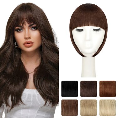 Bangs Hair Clip Extensions French Bangs Natural Thick Curved Fringe with Long Temples Clip-in Straight Hairpiece for Women(French bangs,medium brown)