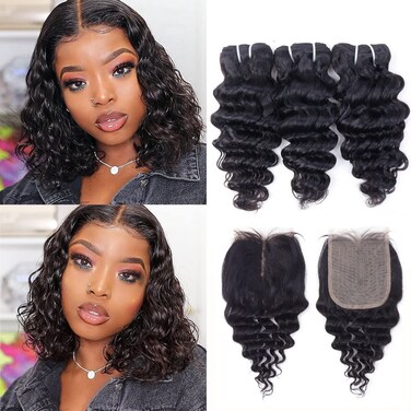 Deep Wave Bundles with Closure Brazilian Deep Curly Human Hair 3 Bundles with Closure(10 10 10+10) Middle Part 4x4 inch Lace Closure Wet and Wavy Bundles with 4x4 Closure 50g/bundle