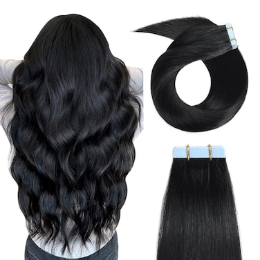 YILITE Tape in Hair Extensions Human Hair Jet Black #1 20 inches 20pcs 50g/pack Straight Seamless Skin Weft Invisible Tape in Human Hair Extensions (20Inche Jet Black #1)