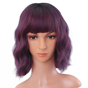 Purple Wavy Wigs for Women Short Bob Wavy Synthetic Wig with Full Bangs Shoulder Length Women Wig for Daily Party Cospaly Use