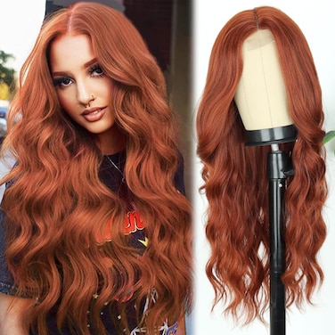 Long Auburn Wavy Wigs for Women 26 Inch Long Copper Red Middle Part Copper Curly Wavy Wig Natural Looking Synthetic Auburn Long Wig for Daily Party Use (Auburn)