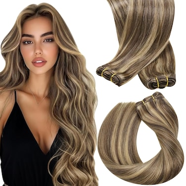 Sunny Weft Hair Extensions Dark Brown with Caramel Blonde Highlights Human Hair Sew in Extensions Brown Weft Hair Extensions Human Hair Brown Blonde Real Hair Bundle for Wedding 20inch 100g