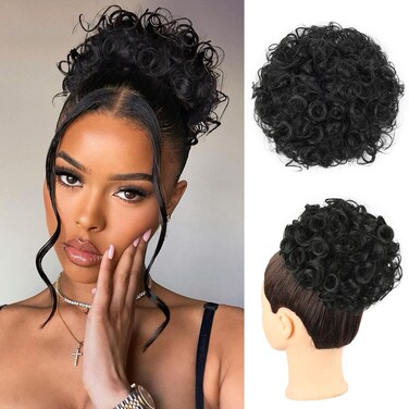 1PCS Messy Bun Hair Piece Large Black Hair Buns Hair Pieces Curly Fake Hair Bun Clip on Ponytails for Women Updos Short Synthetic Bun Drawstring Ponytail Extension for Black Women (1B)