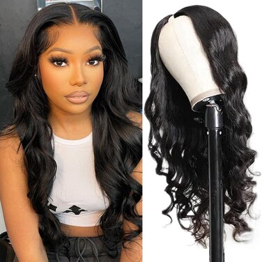V Part Wig Human Hair Body Wave Wigs Upgrade from U Part Human Hair Wig for Black Women Glueless V Part Wigs Minimal Leave Out No Glue Thin Vpart Wig 180% Density Natural Color 14 Inch