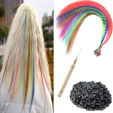 12pcs/Lot 17'' Synthetic Feather Hair Extensions Hair Pieces +100 pcs Silicone Micro Beads+1 pcs Crochet Hook Hair Feathers Tool Kit (17'', 12 Pieces)