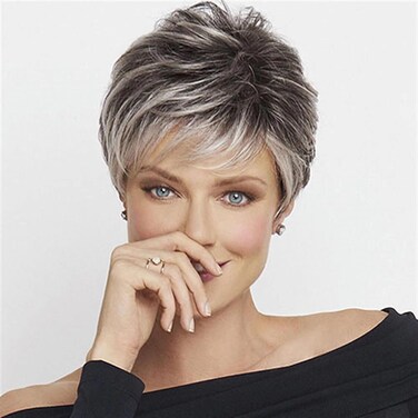 Short Hair Wigs with Bangs Dark Mixed Grey Wigs for Women Pixie Cut Wig Straight Synthetic Fiber Wigs