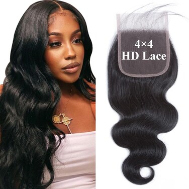 4x4 Lace Closure Body Wave Human Hair Transparent Lace Closure Human Hair 100% Unprocessed Brazilian Virgin Body Wave Human Hair 150% Density Body Wave Transparent Lace Closure Natural Black 16Inch