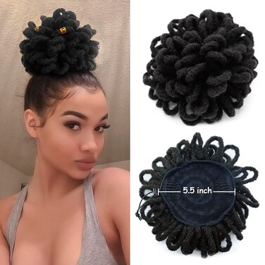 Yinmei Baibian Faux Bun Loc Ponytail Dread Bun Braided Petal Ponytail Extension Afro Puff Drawstring Ponytails Synthetic African American Curly Twist Pony Tail Hairpieces for Black Women(1B#)