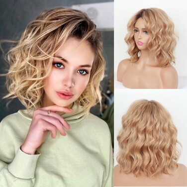 SCENTW Short Layered Ombre Blonde Wavy Bob Wigs for White Women Mid-length Blonde Curly Wig Synthetic Natural Looking Daily Party Wig